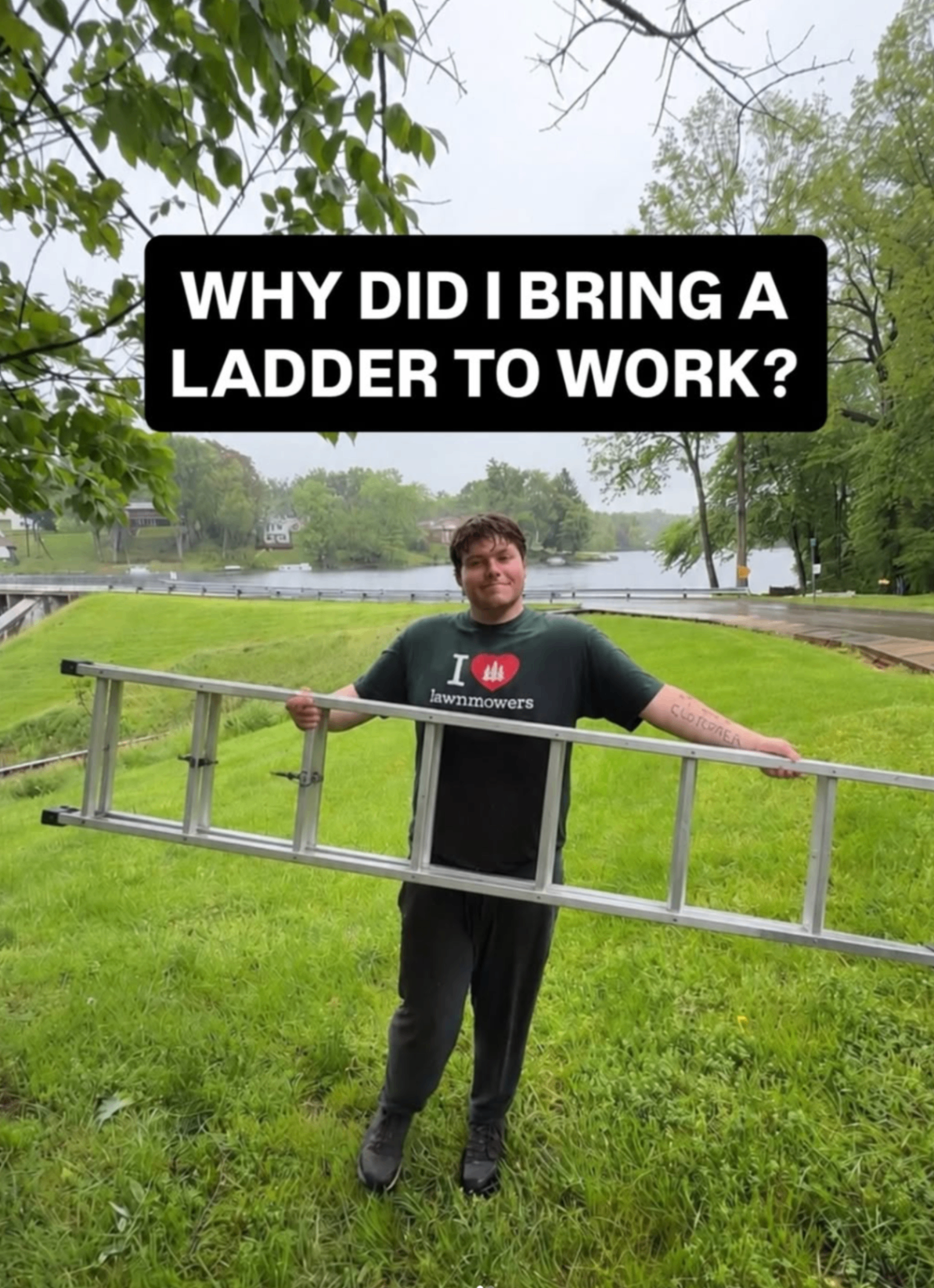 Garlandscapes owner holding a ladder outdoors in a playful Instagram post